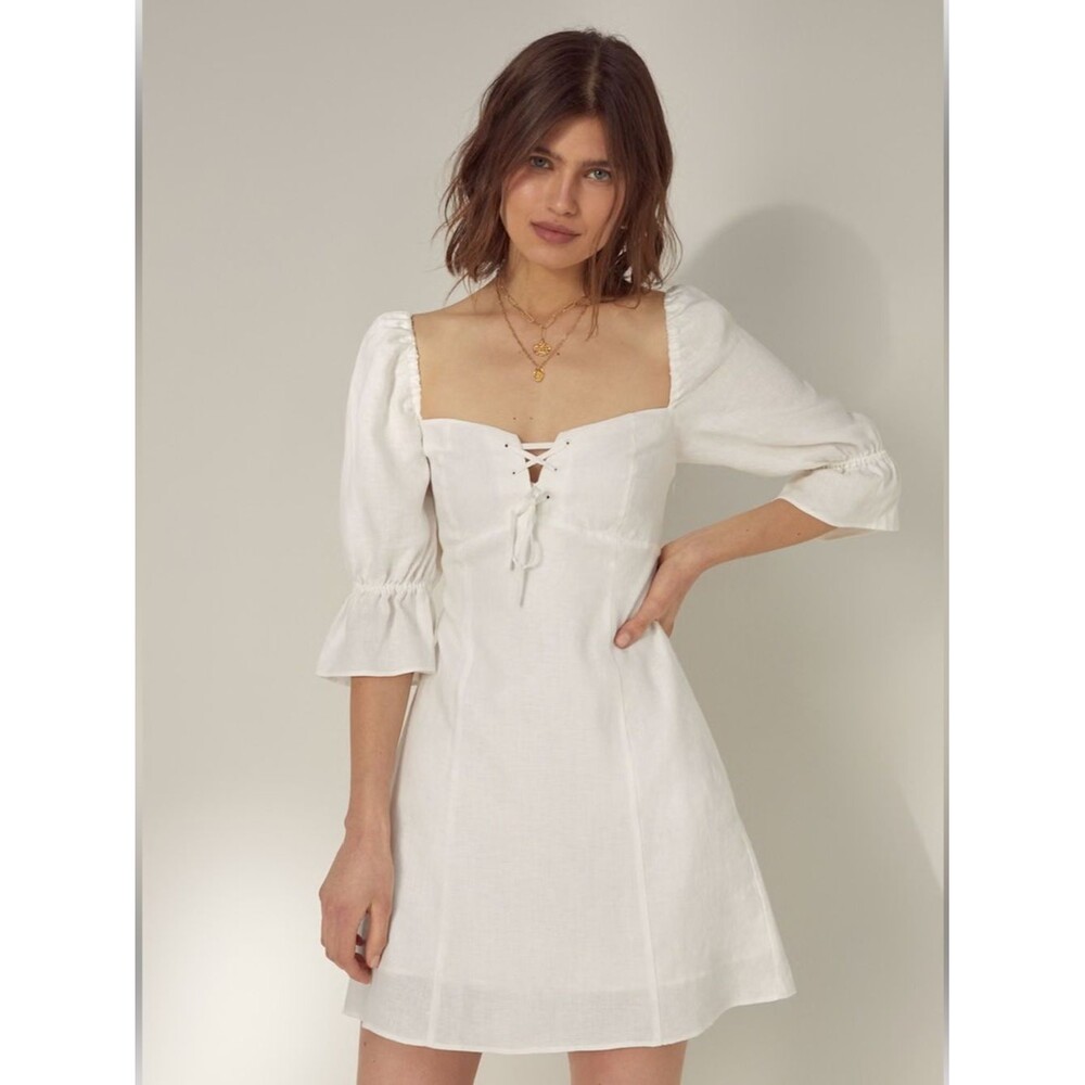 Aritzia Wilfred Linen Puff Sleeve Lace Up Mini Dress Sz S White Minimalist